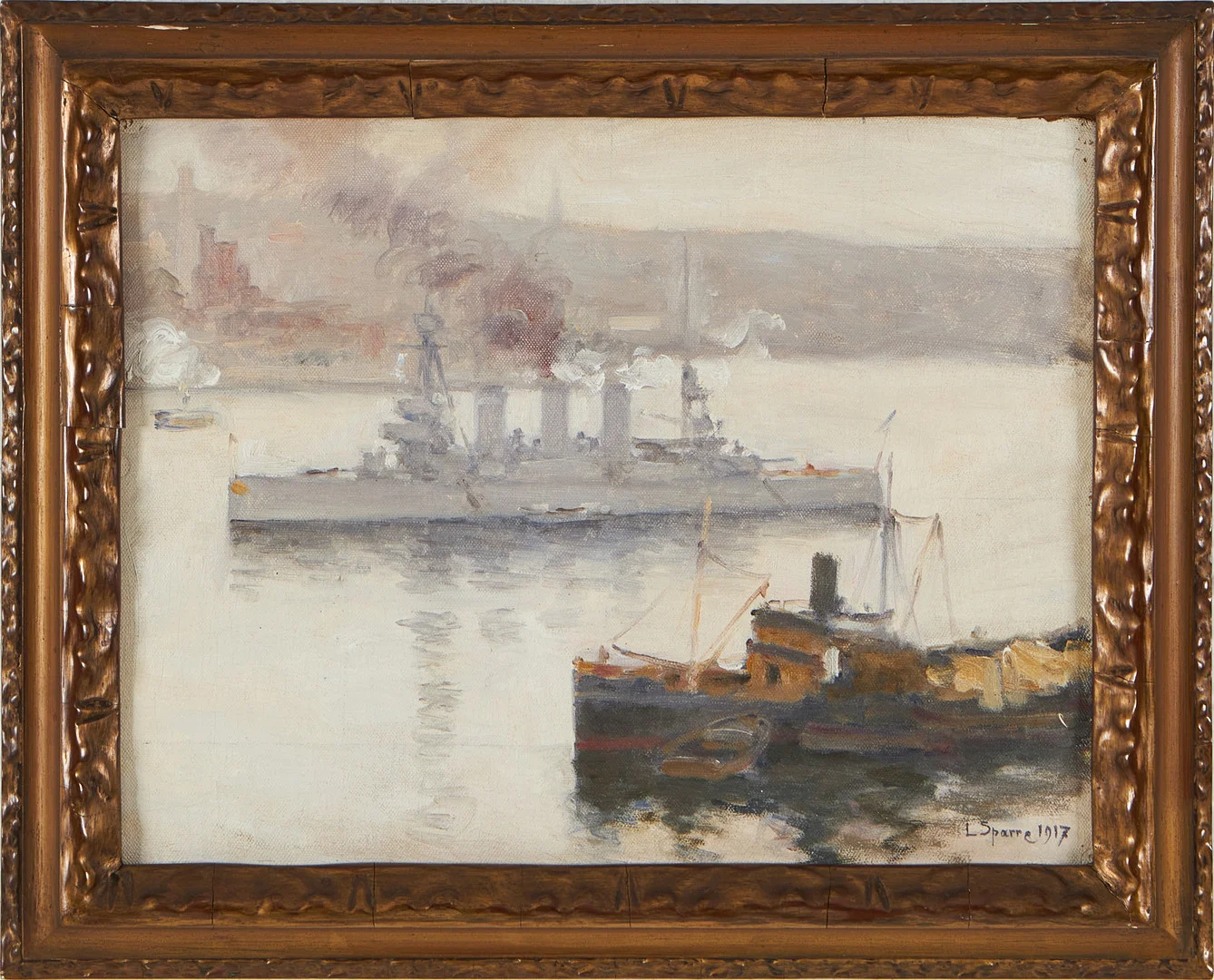LOUIS SPARRE. Båtar i disigt landskap, olja på pannå, signerad, daterad 1917. — Paintings — Stockholms Auktionsverk Magasin 5