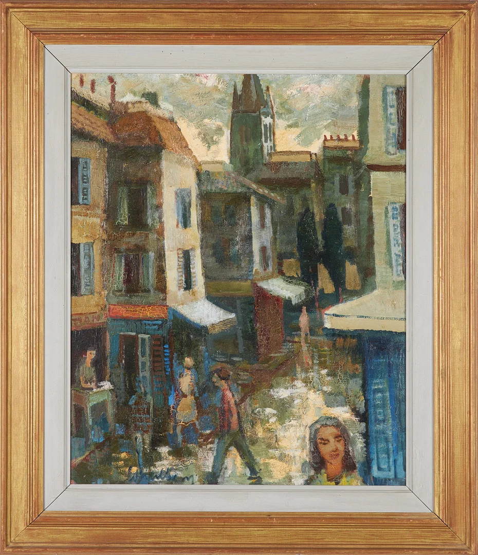 BERTIL WAHLBERG. Figurer i stan, olja på pannå, signerad. — Paintings — Stockholms Auktionsverk Sickla