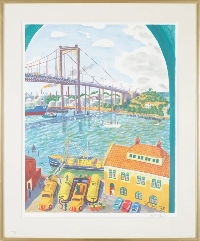 MONA HUSS WALIN. Älvsborgsbron, färglitografi, signerad och daterad -77.