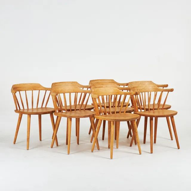 YNGVE EKSTRÖM. Karmstolar, 8st., "Småland", björk.