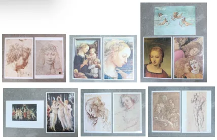 13 Kunstdrucke nach BOTTICELLI, RAFFAELLO, MICHELANGELO, LEONARDO DA VINCI, PETER PAUL RUBENS, ANDREA DEL SARTO und FILIPPO LIPPI.
