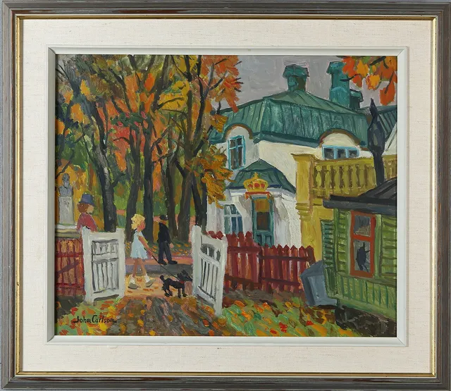 JOHN CARLSON. Olja på pannå, Kronans apotek, Lilla Alby, Sundbyberg, signerad.