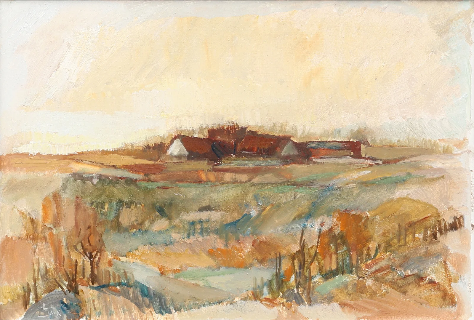 HILDEGARD FALK. Gårdsmotiv, olja på pannå, signerad. — Paintings — Garpenhus Auktioner