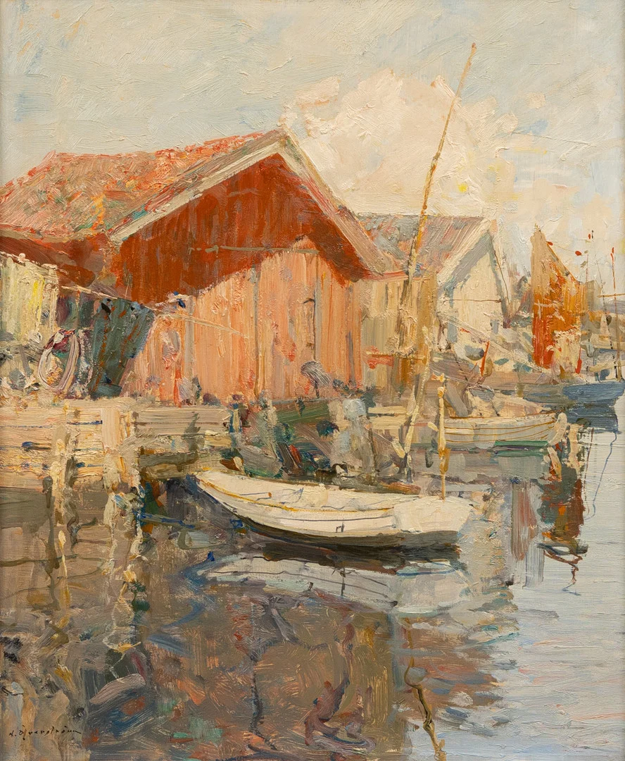 HUGO ÖFVERSTRÖM. Fiskebåtar i västkusthamn. Olja på pannå. Signerad H Öfverström. — Paintings — Garpenhus Auktioner