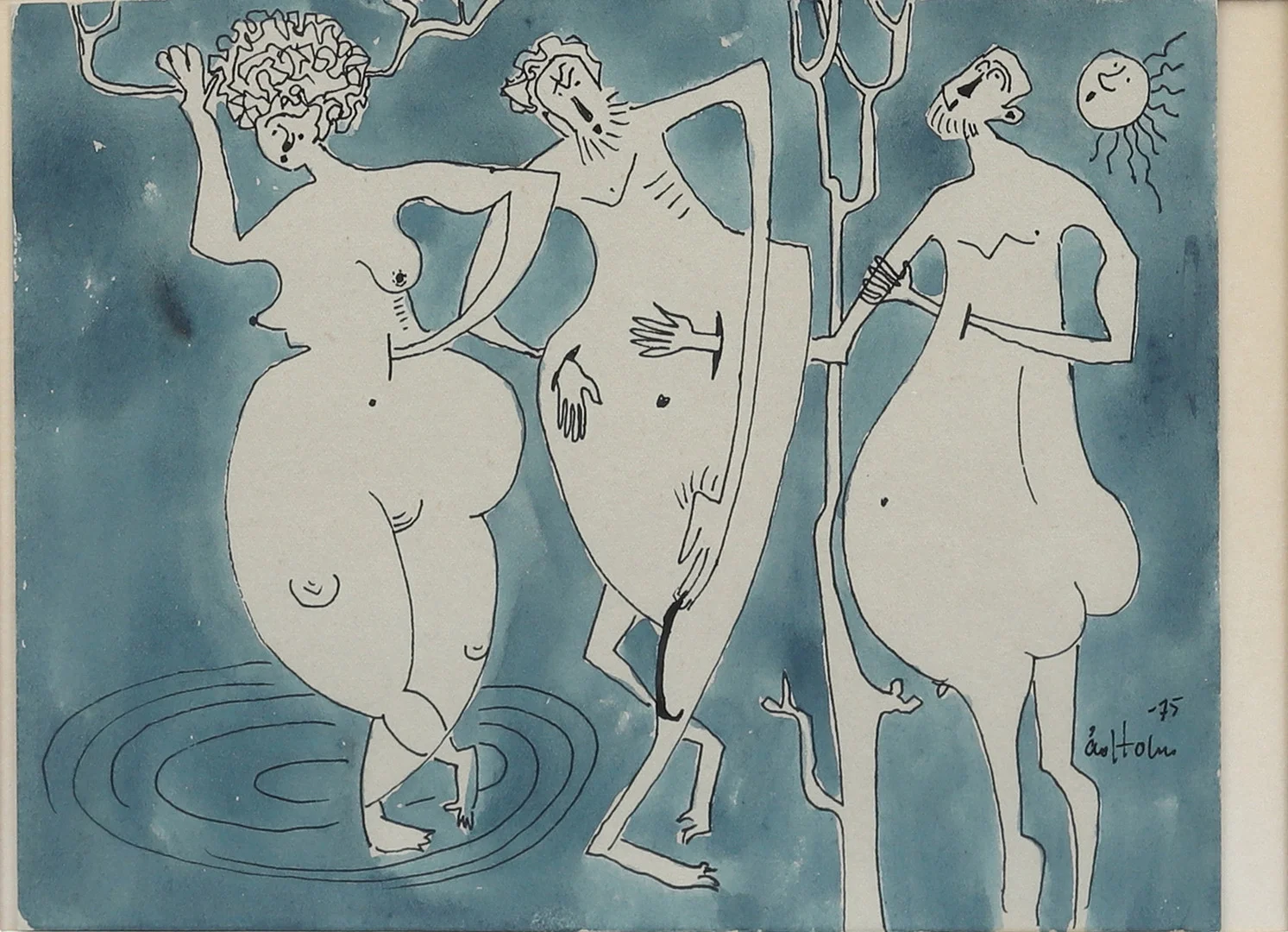 ÅKE HOLM. Tre nakenbadare, akvarell, signerad och daterad -75. — Paintings — Garpenhus Auktioner