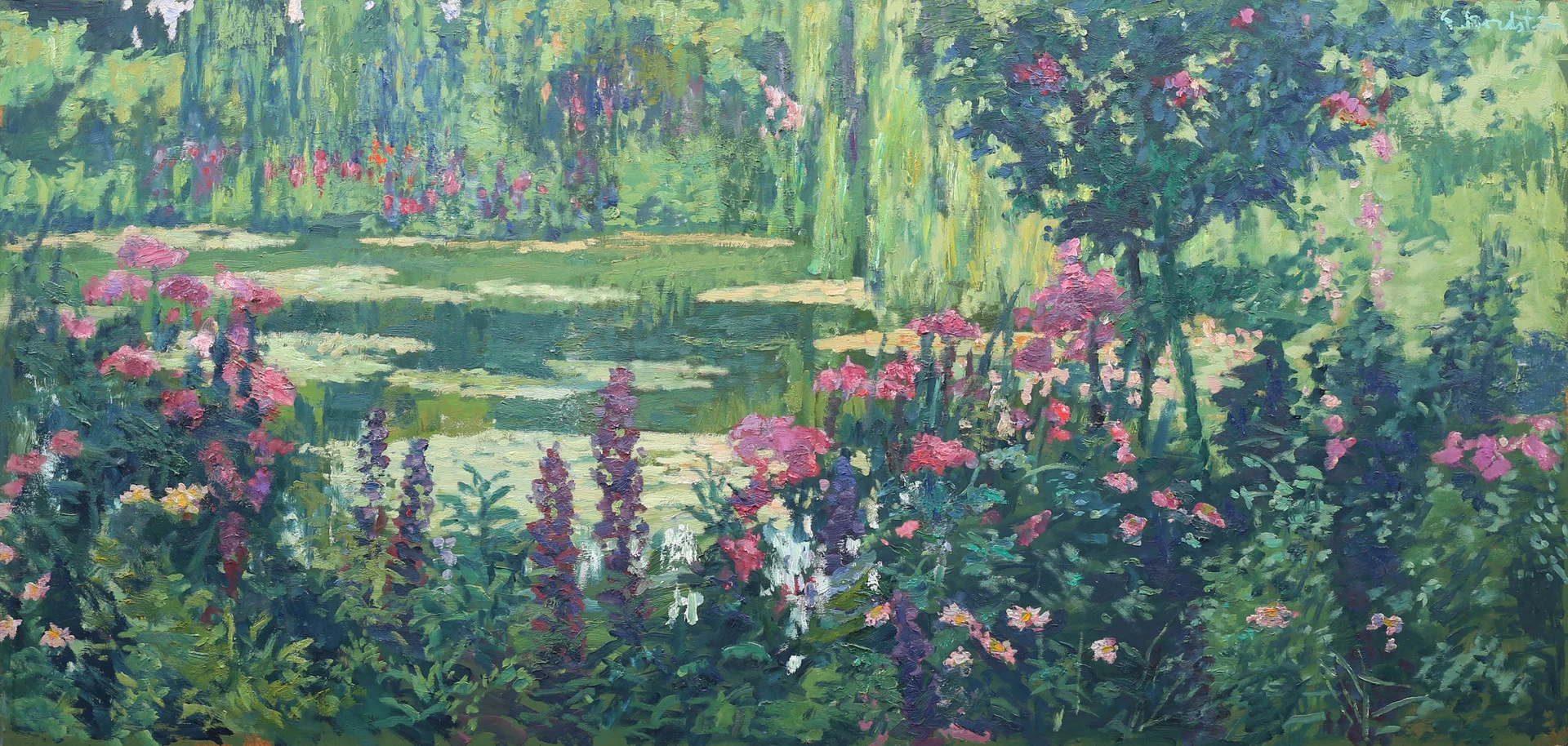 GERHARD NORDSTRÖM (1925-2019). Vy från Claude Monets trädgård i Giverny, Frankrike olja på pannå, signerad G Nordström. — Paintings — Garpenhus Auktioner