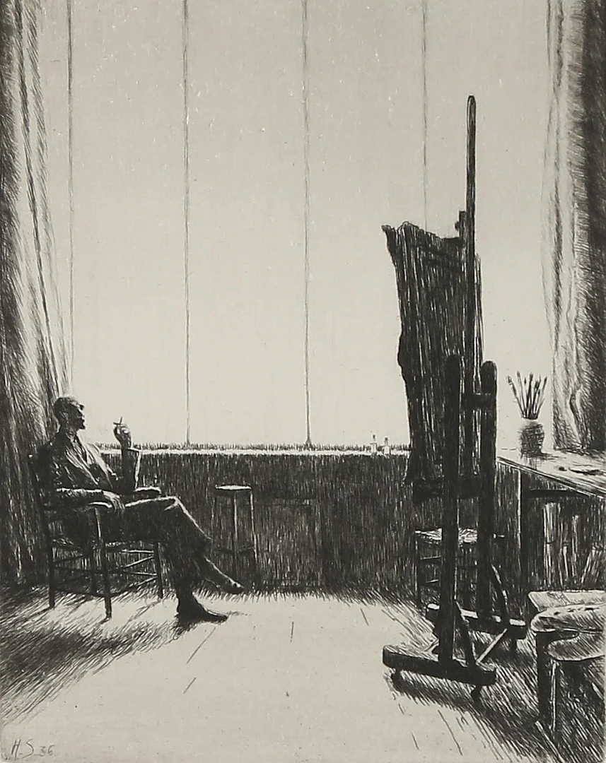 HARALD SALLBERG. Vid ateljén, etsning, signerad och daterad 36. — Engravings & Prints — Stadsauktion Sundsvall