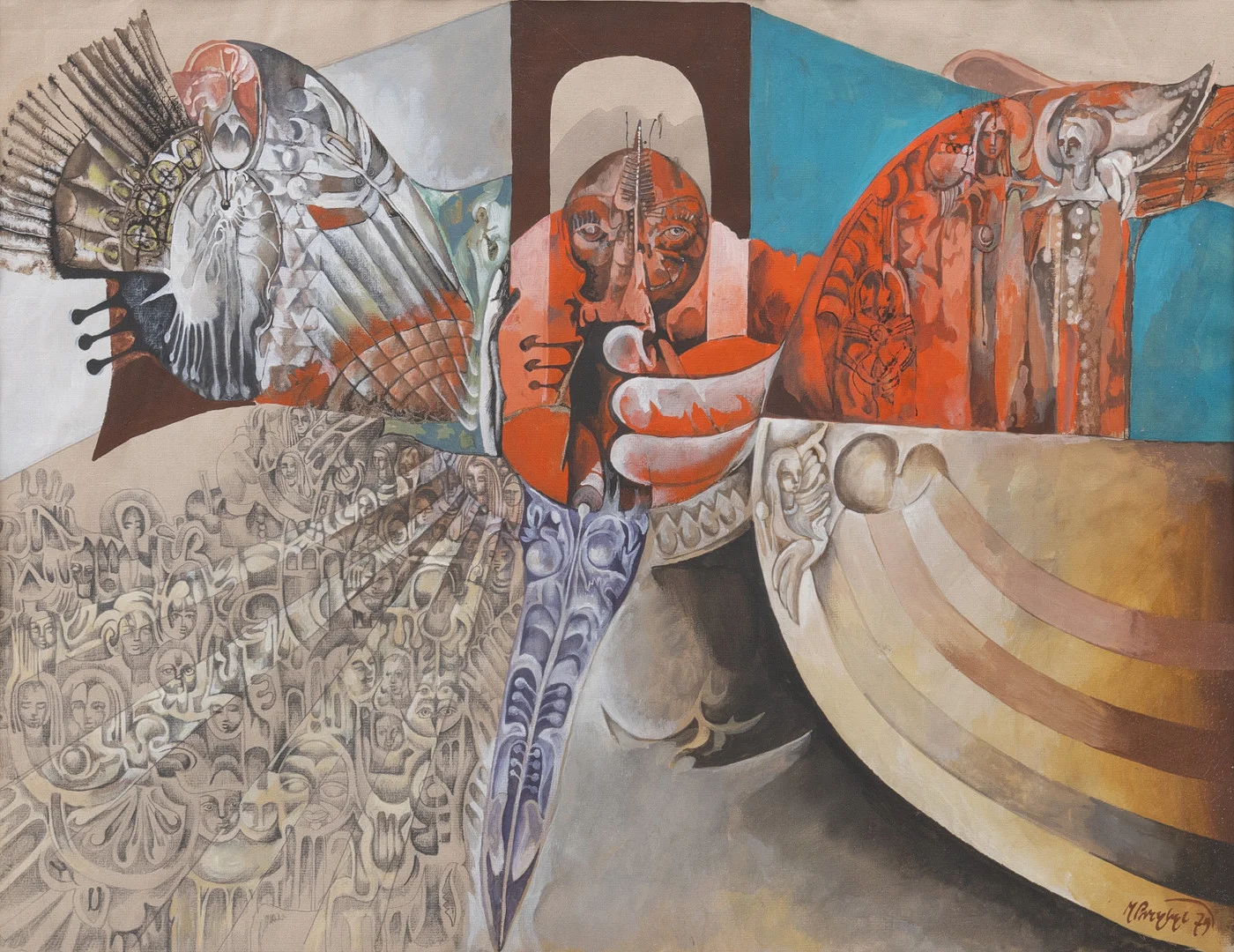 JERZY PRZYBYL POLEN, (1943). Komposition med figurer, blandteknik, signerad och daterad -79. — Paintings — Garpenhus Auktioner