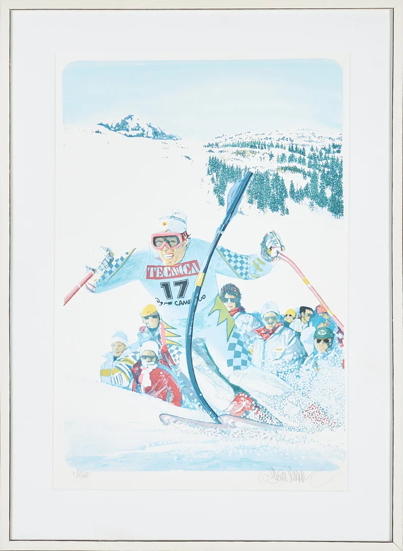 GÖRAN HAHNE. Komposition med skidåkare, färglitografi, signerad samt numrerad 51/360. — Engravings & Prints — Stockholms Auktionsverk Sickla