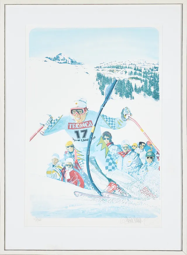 GÖRAN HAHNE. Komposition med skidåkare, färglitografi, signerad samt numrerad 51/360.