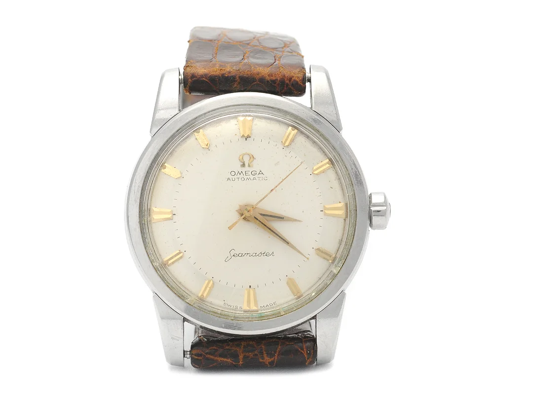 OMEGA, Seamaster, Cal 501, Serie nr. 16714243, Ref nr. CK 2846, Boett nr. 2846 14 SC / 2848, herrur, 34 mm, stål, automatisk, plexiglas, skadad urtavla, defekt, läderband, ca 1958. — Klockor/Omega — Kaplans