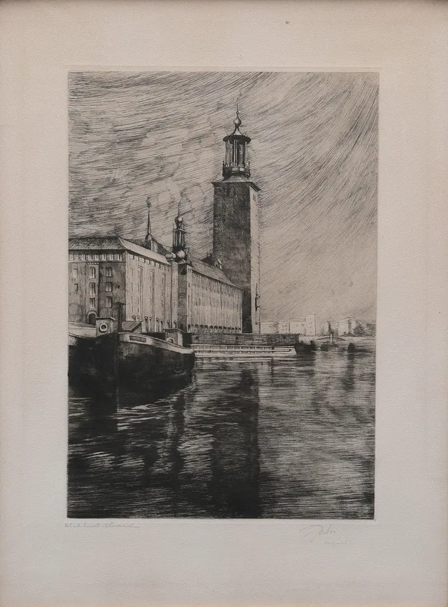GASTON SMIDT. etsning, Stadshuset, Stockholm, signerad.