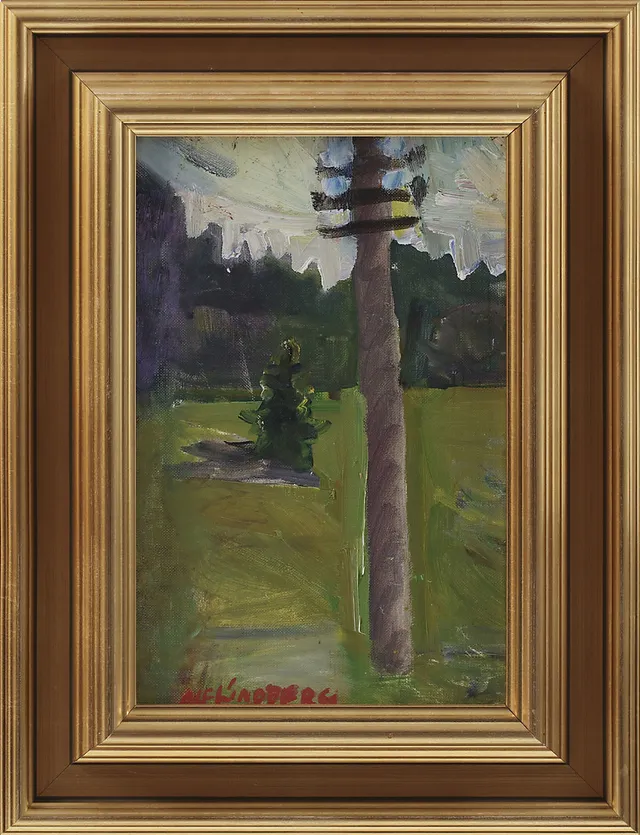 ALF LINDBERG. Landskap med stolpe, olja på pannå, signerad.