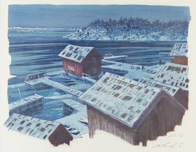 ROLAND SVENSSON. färglitografi, "Vinterskymning, Sandhamn", signerad, P.T. -77.