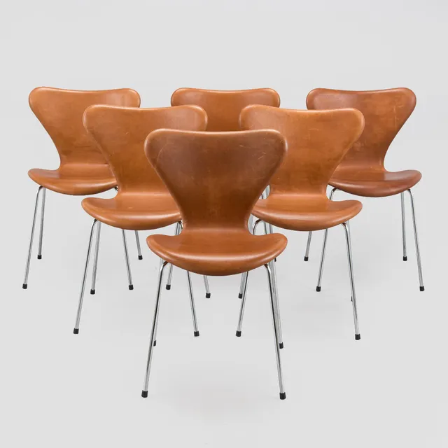 Arne Jacobsen, stolar, 6 st, "Sjuan", Fritz Hansen, Danmark 1900-talets senare del.
