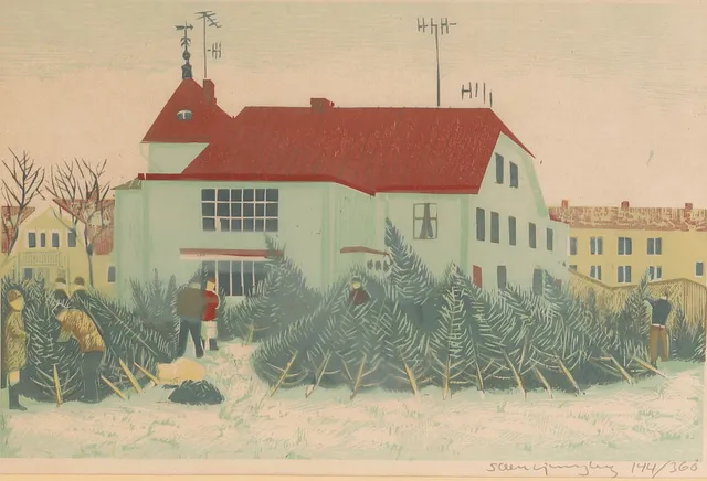 SVEN LJUNGBERG. Färglitografi, Julgransförsäljning, signerad, 144/360.