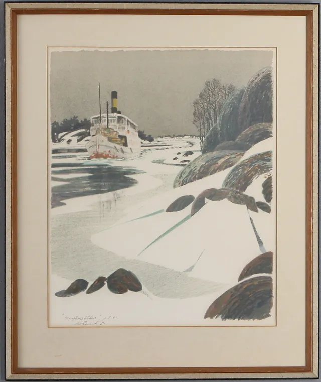 ROLAND SVENSSON. "Menföresbåten", litografi, provtryck, signerad samt daterad -61.