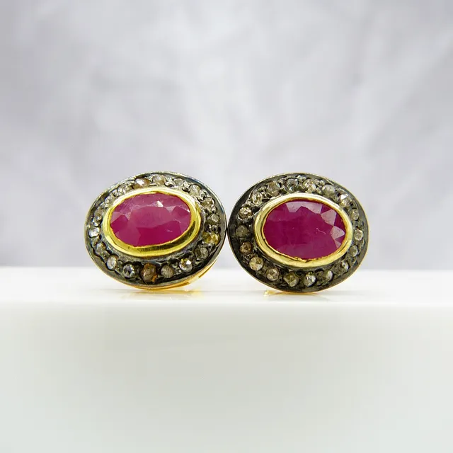 RUBY & DIAMOND EAR STUDS.