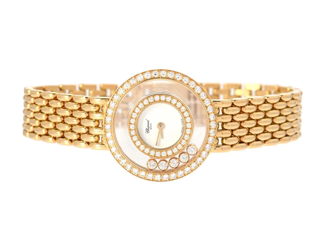 CHOPARD, Genève, Happy Diamonds, Serie nr. 562178, Boett nr. 4119/1, damur, 24 mm, 18K guld, quartz, safirglas, defekt (går ej, akut servicebehov), "Happy Diamonds" (5 st brilj), briljantkrans x 2 samt diamanter på boetten (72 st.), integrerad originallänk, längd 175-170 mm, totalvikt 49,0 gram, ca 2000. — Klockor/Chopard — Kaplans