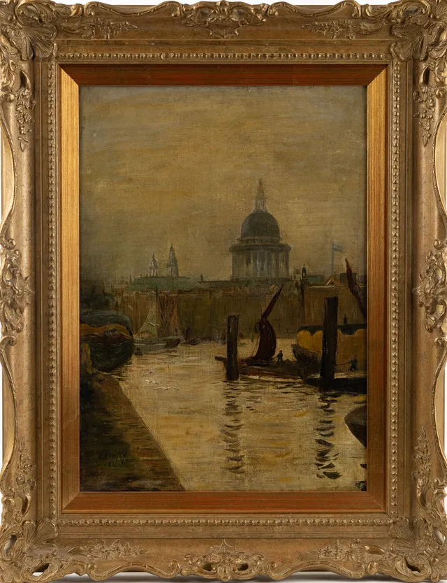 OIDENTIFEIRAD KONSTNÄR, motiv av St Pauls, London, olja på duk, signerad E Hawley, 1921.