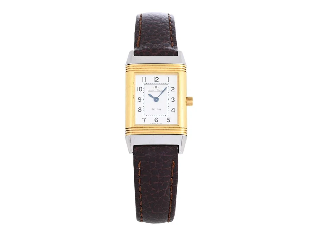 JAEGER-LE COULTRE, Reverso Lady, Cal 608, Verk nr. 2738605, Serie nr. 1828101, Ref nr. 260.540.082, Boett nr. 260.5.86, damur, 29,5 x 28 (33) mm, stål/guld, quartz, safirglas, läderband, originalspänne i stål, ca 1998. — Klockor/Jaeger-Le Coultre — Kaplans