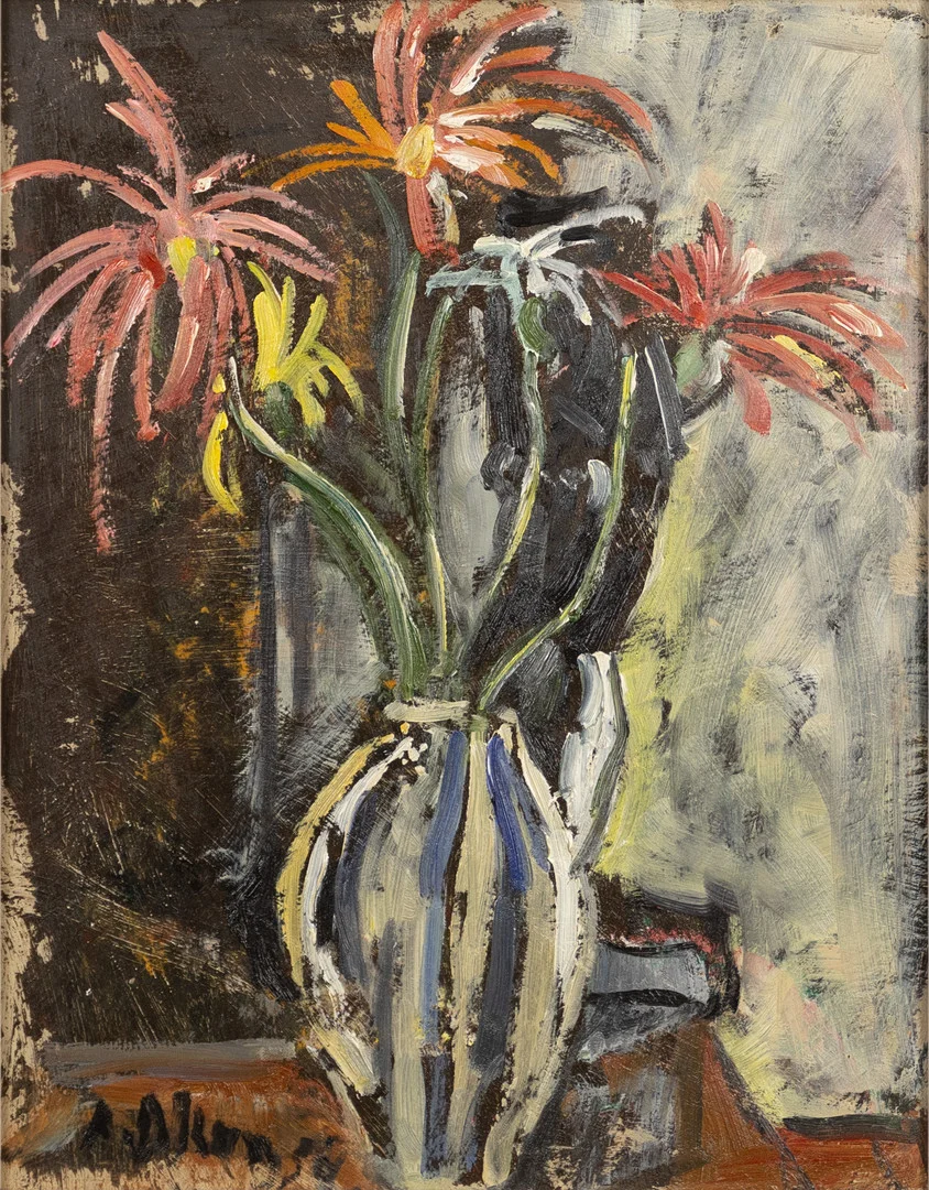 ANDERS OLSON. olja på pannå, blomsterstilleben, signerad. — Paintings — Karljohan Auktioner