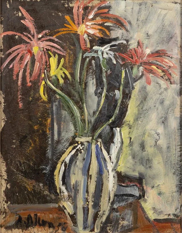 ANDERS OLSON. olja på pannå, blomsterstilleben, signerad.