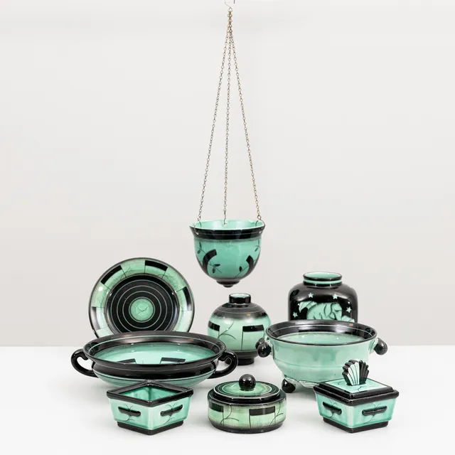 ILSE CLAESSON. 8 delar, flintgods, Serie V, Art Deco, Rörstrand, 1930-tal.