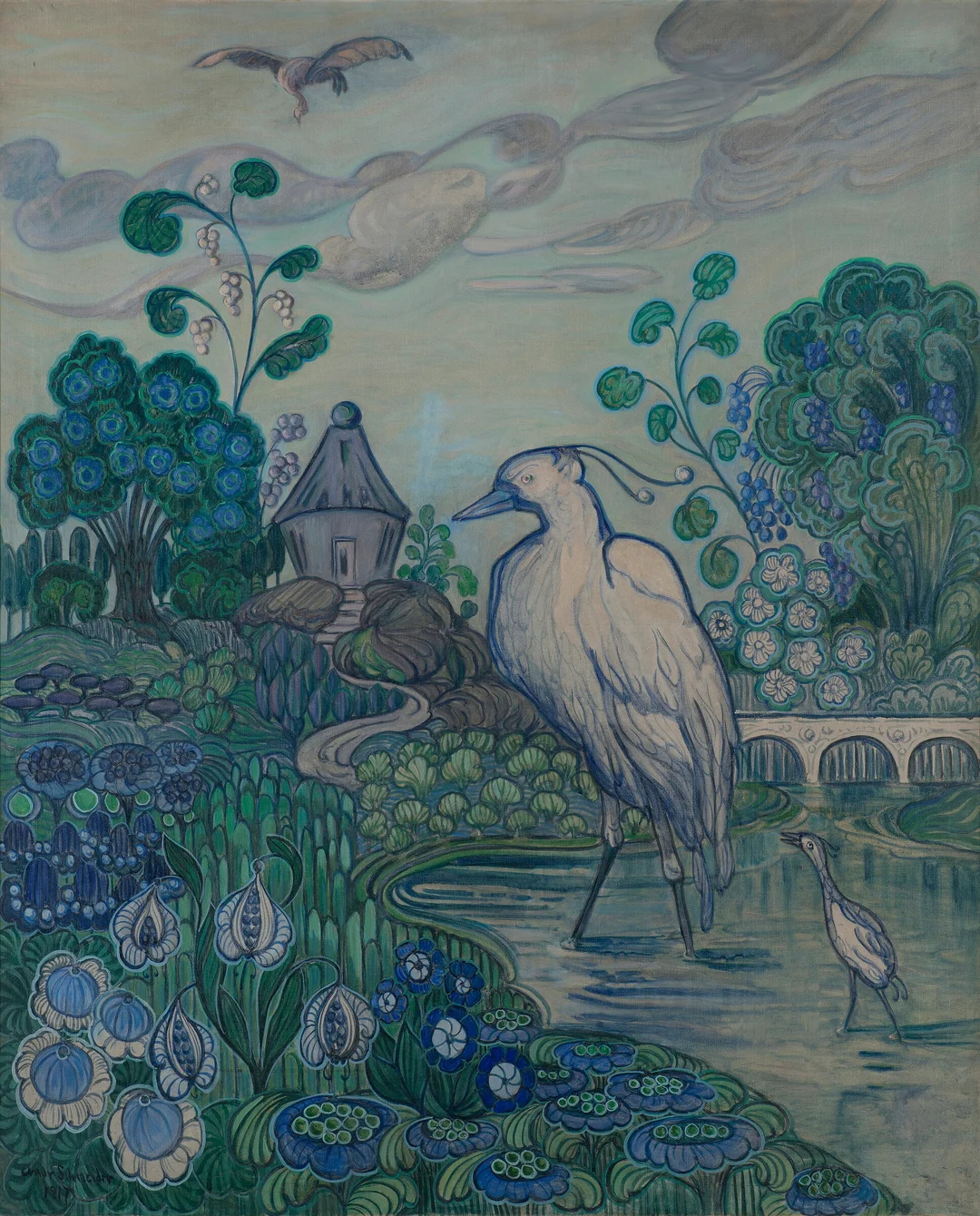 Schneider, Andreas — Hegrer i frodig landskap, 1917 — Kunst/Maleri — Blomqvist