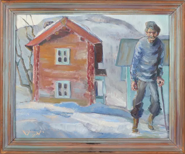 RUNE SIGVARD. Moitiv från Härjedalen Långå skans, olja på pannå, signerad och daterad 1936.