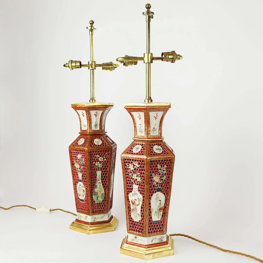 A PAIR OF CHINESE EXPORT HEXAGONAL FAMILLE ROSE VASE LAMPS. (2). — Oriental — Lots Road Auctions