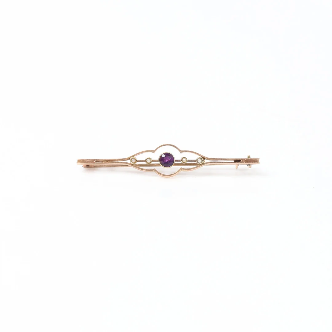 ANTIQUE AMETHYST AND SEED PEARL BAR BROOCH. — Brooches & Pendants — Bishop & Miller