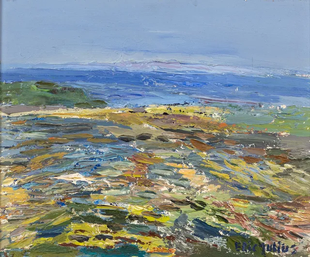ERIC JULIUS. olja på pannå, "Öresund", signerad.