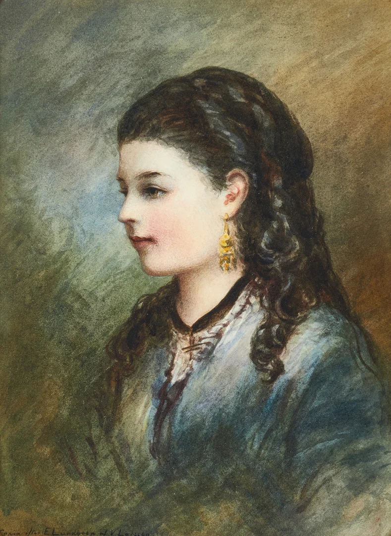 VIRGINIA LARSON (1844-1893) Ung dam i profil, märkt och signering "Copia efter E.Lundgren af V. Larsson", akvarell. — Paintings — Crafoord Auktioner Stockholm
