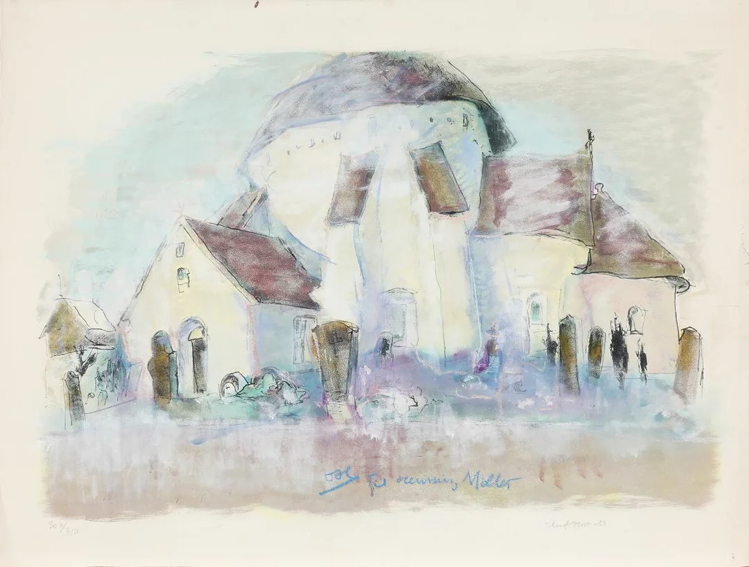 Oluf Høst: Østerlars Round Church. Signed OH, 303/310. Hand-coloured lithograph with oil paint. Sheet size 64 × 84.5 cm. Unframed. — Modern Prints/Classical modernism — Bruun Rasmussen