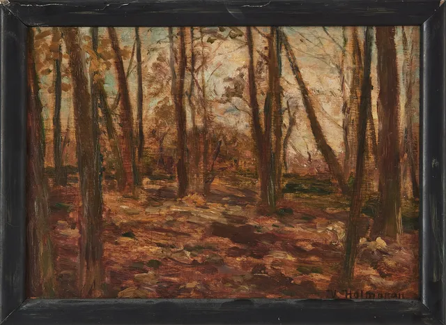 VILHELM HOLMGREN (1863-1943). Skogsglänta, olja på pannå, signerad.
