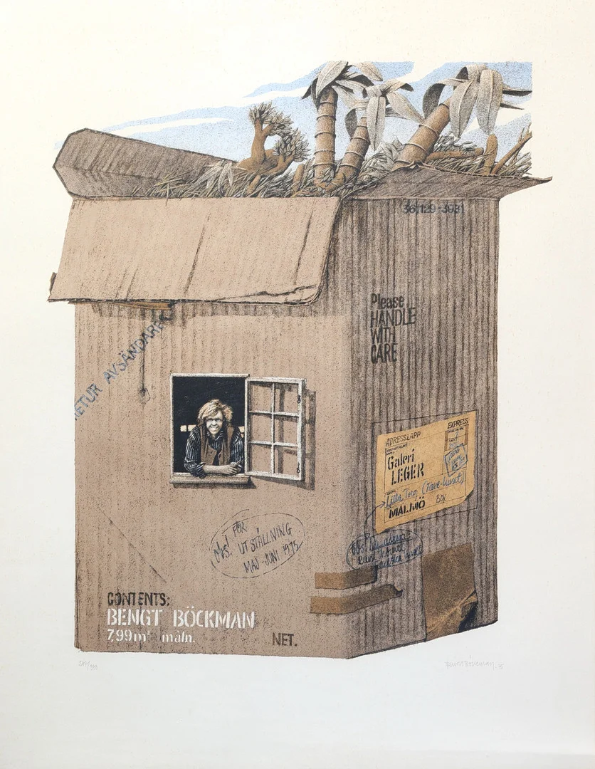 BENGT BÖCKMAN. komposition med hus, färglitografi, signerad, numrerad 247 / 333 Bengt Böckman -75. — Engravings & Prints — Gomér & Andersson Jönköping
