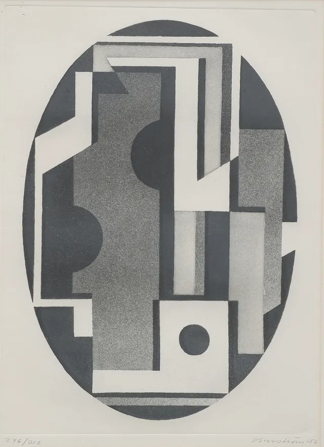CURT BURSTRÖM. ETSNING OCH AKVATINT, "COMPOSITION 10", SIGNERAD, NUMRERAD 276/310 OCH DATERAD 1956.