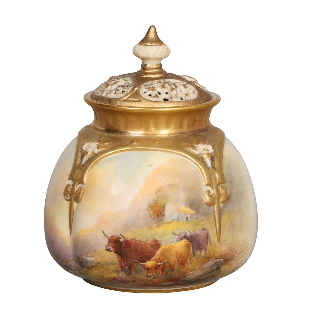 A ROYAL WORCESTER POT POURRI WITH A RETICULATED COVER DECORATED WITH SCOTTISH SCENE WITH HIGHLAND CATTLE, PAINTED BY JAMES STINTON. — European — Bishop & Miller