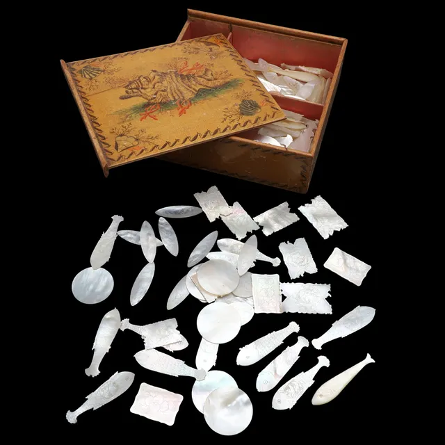 CHINESE MOTHER OF PEARL COUNTERS & 19THC BOX.