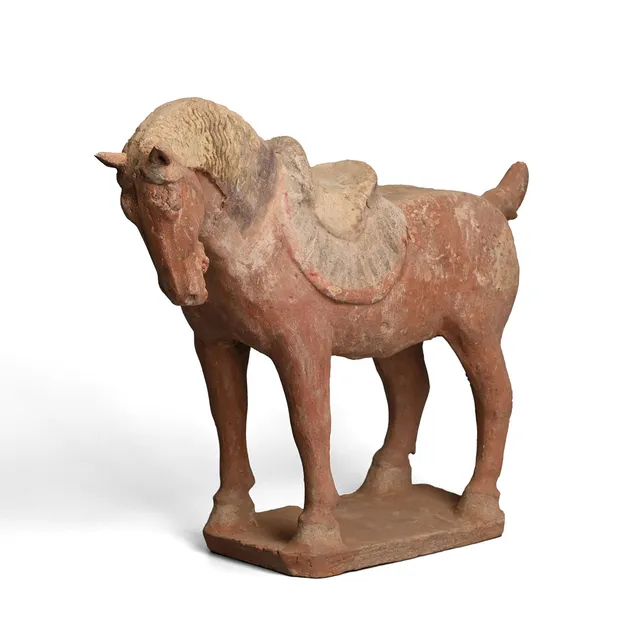 A CHINESE PAINTED POTTERY SADDLED HORSE, TANG DYNASTY (AD 618 – 906).