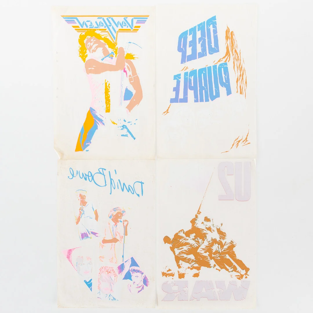 ORIGINAL TEXTILTRYCK FRÅN 80-TALET MED DAVID BOWIE, VAN HALEN, U2, DEEP PURPLE. — Advertising & Signs — Laholms Auktionskammare