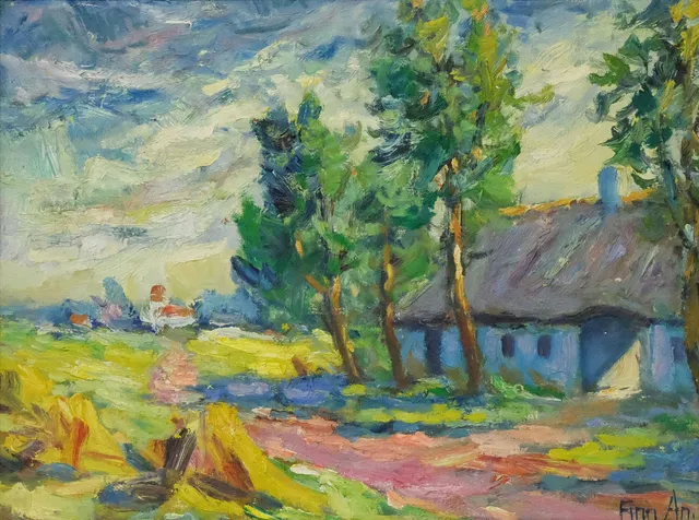 FINN ANDERSEN. OLJA PÅ DUK, LANDSKAP MED BEBYGELSE, 35X46CM.