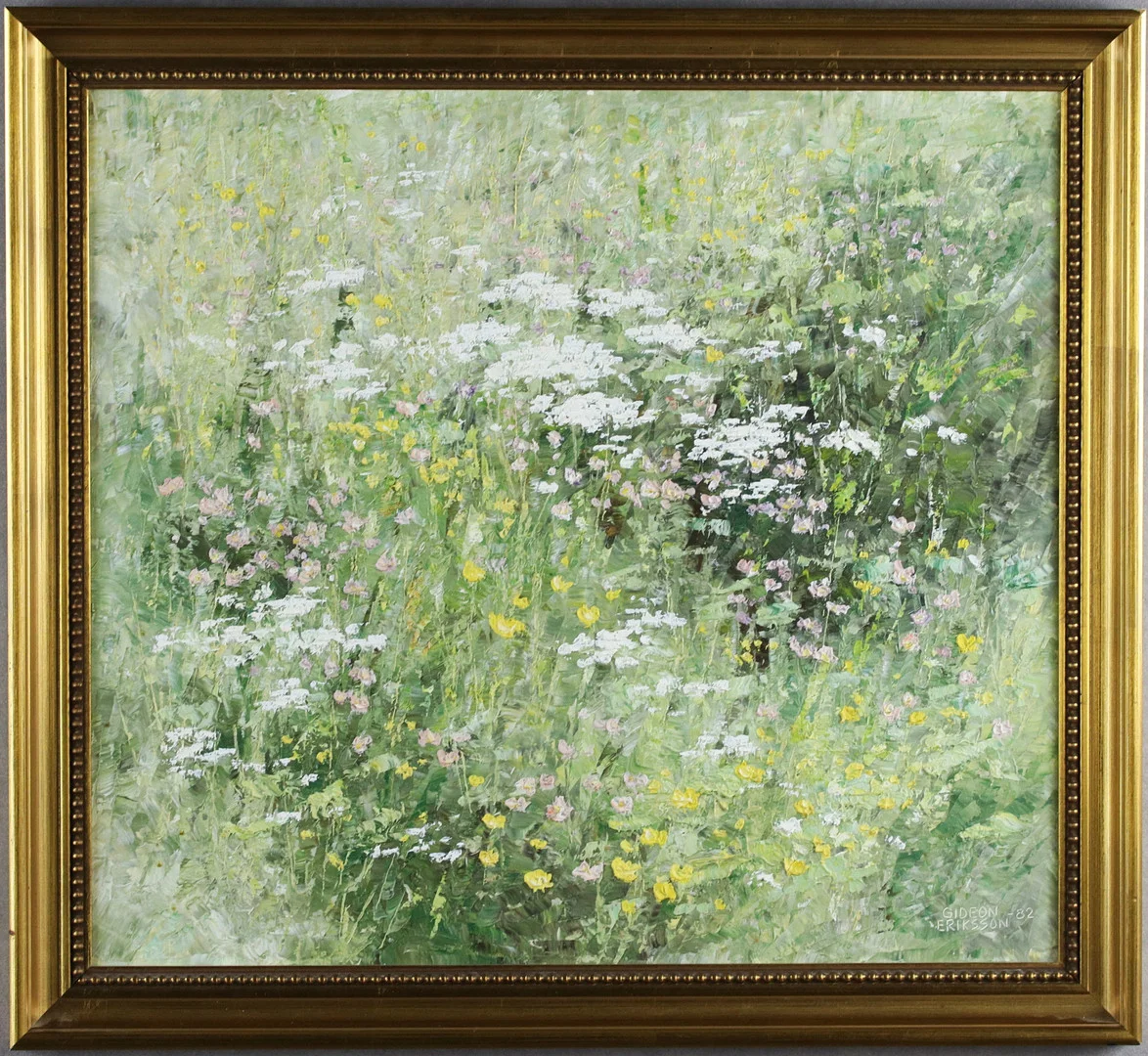 GIDEON ERIKSSON. Olja på pannå, blomsteräng, signerad, -82. — Paintings — Höganäs Auktionsverk