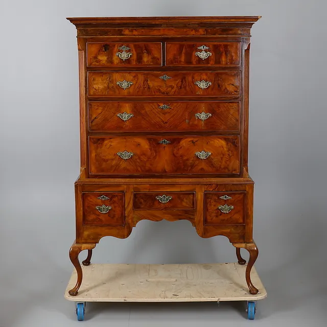 A WALNUT CHEST ON STAND CIRCA 1730 AND LATER.