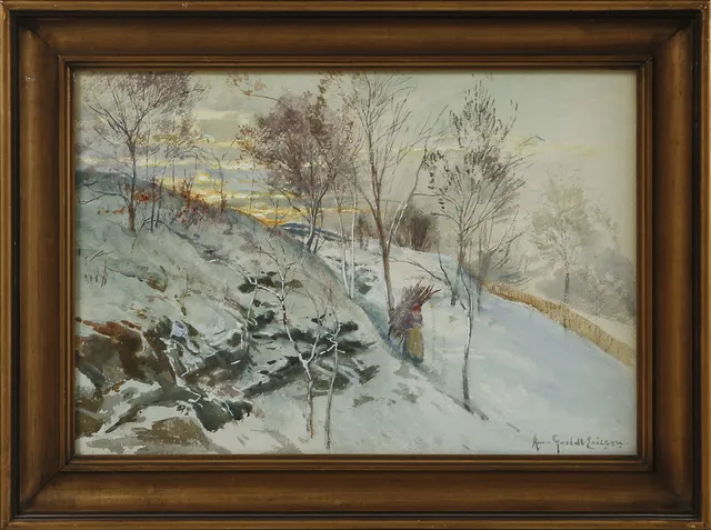 ANNA GARDELL ERICSON. Vinterbild med figur, akvarell, signerad.