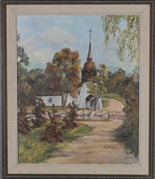 OIDENTIFIERAD KONSTNÄR, Olja på pannå, kyrka, signerad.