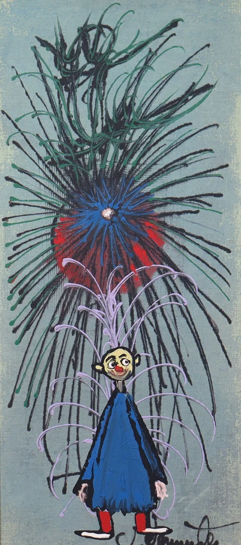 OIDENTIFIERAD KONSTNÄR. blandteknik, clown med fyrverkerier. — Paintings — Markus Auktioner