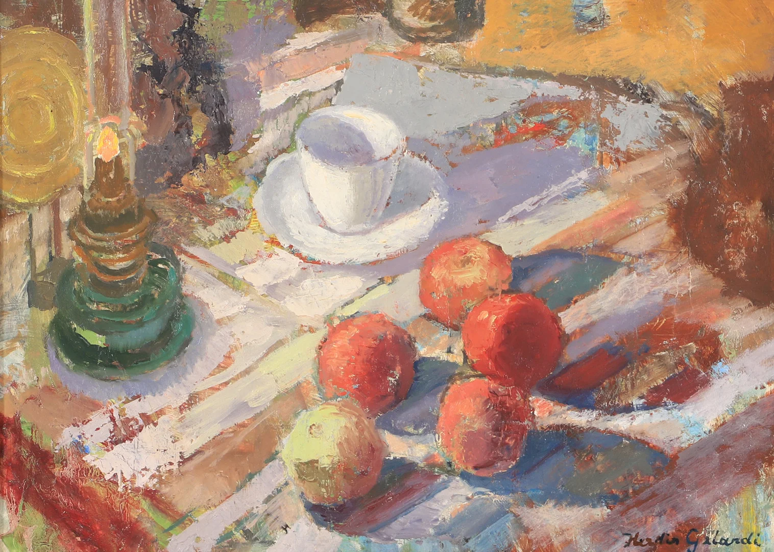 HERDIS GELARDI. Stilleben med äppel, olja på pannå, signerad. — Paintings — Helsingborgs Auktionskammare