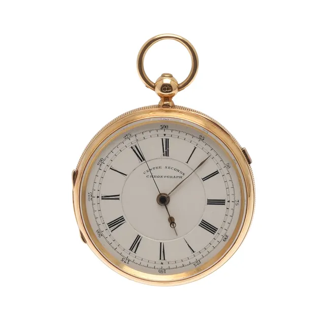 AN 18CT GOLD CENTRE SECONDS CHRONOGRAPH OPEN FACED POCKET WATCH.